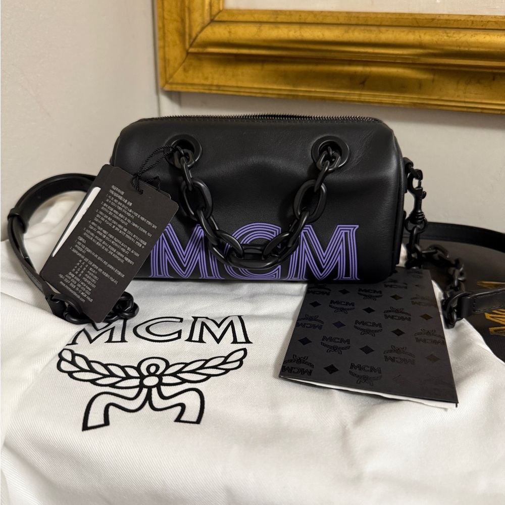 MCM Black and Purple Logo Boston Bag with Chain Strap